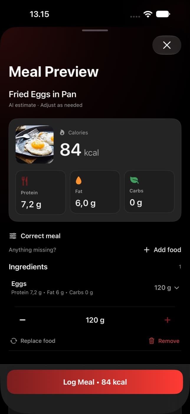 Meal photo analysis with editable protein, fat, carbohydrates, and portions
