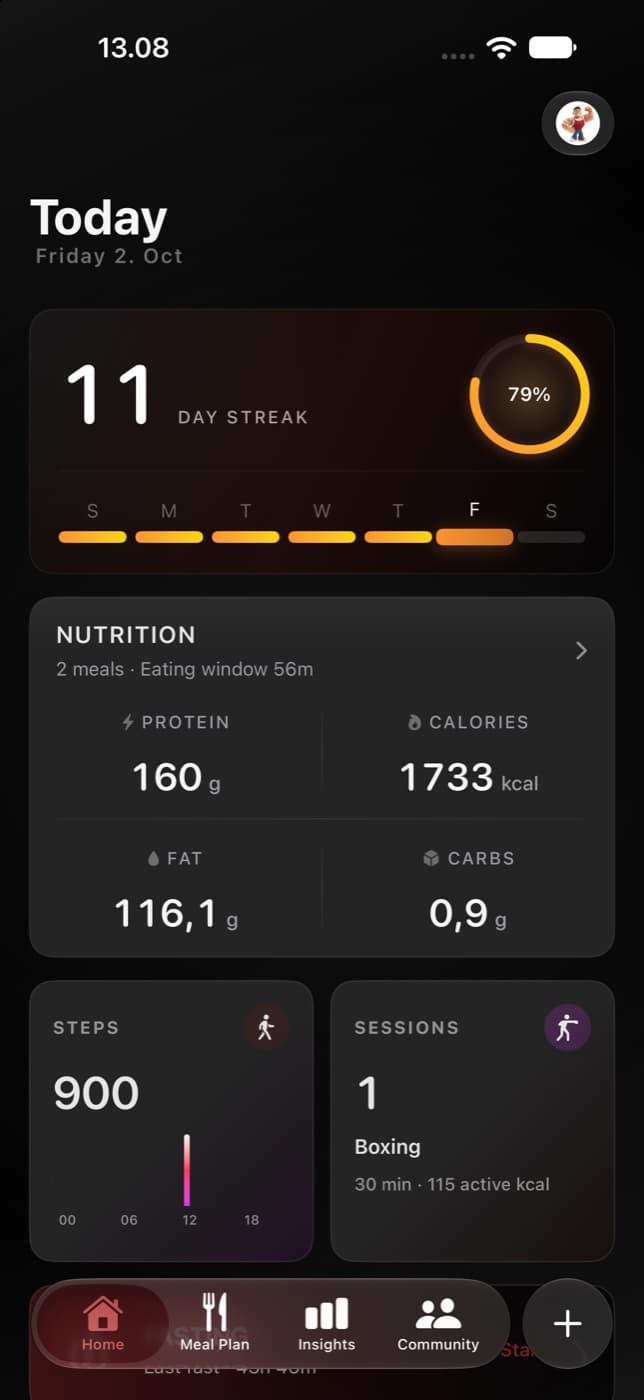 Carnivor Today dashboard with nutrition, daily streak, steps, and activity